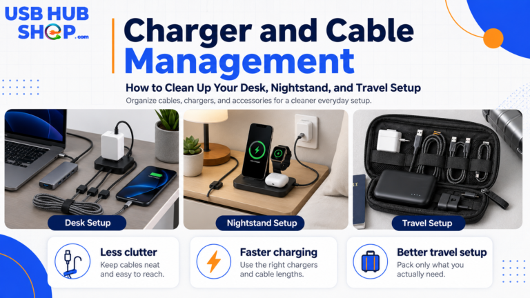 Charger and cable management setup for a cleaner desk nightstand and travel charging area