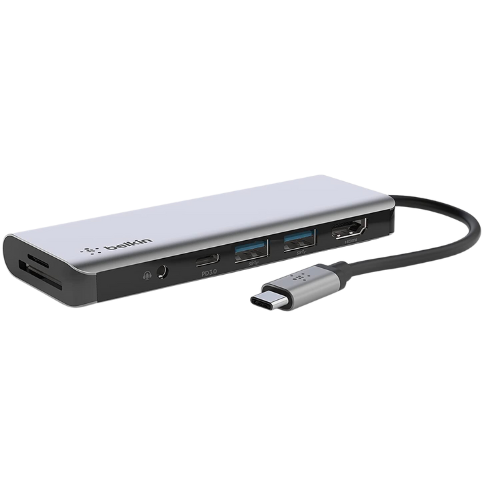 Belkin USB-C Hub 7-in-1 multiport laptop dock with HDMI, USB-C, USB-A, SD card, and microSD ports