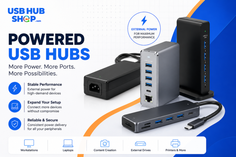 Powered USB hub connected to multiple devices for a laptop or desktop setup