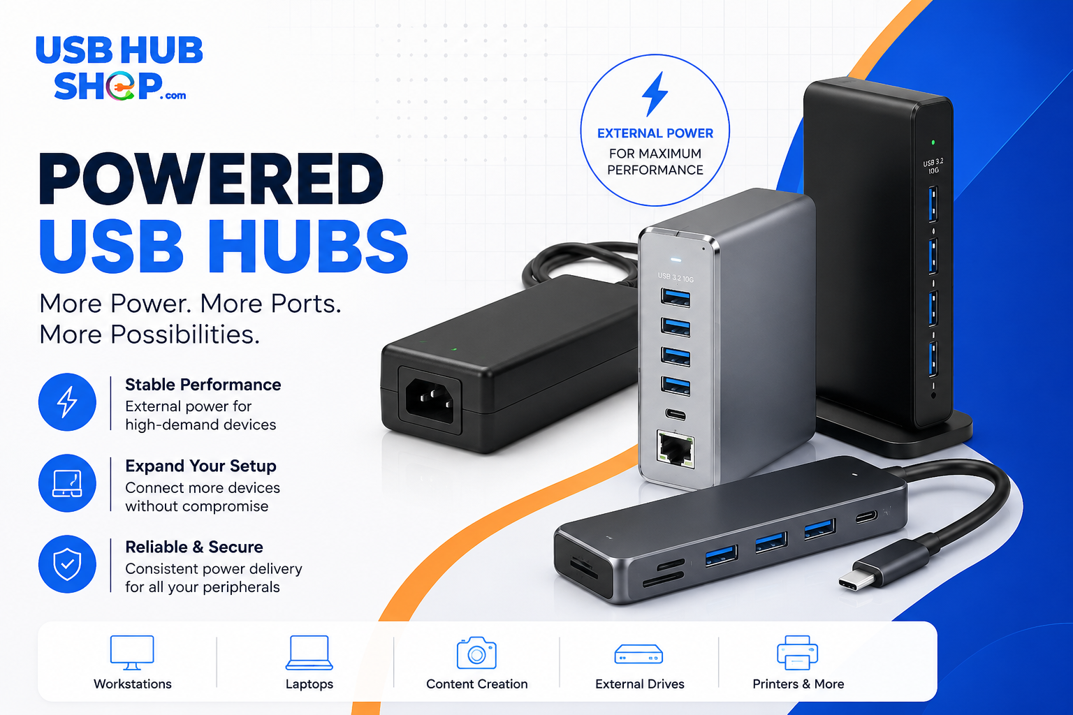 Powered USB hub connected to multiple devices for a laptop or desktop setup