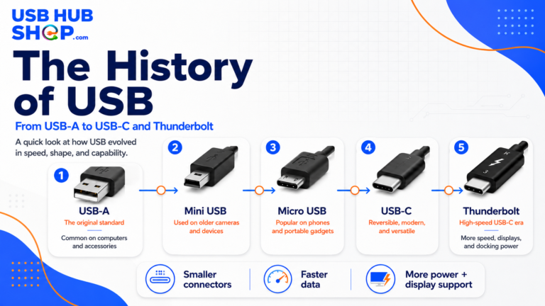 History of USB guide showing the evolution from USB-A to USB-C, USB4, and Thunderbolt