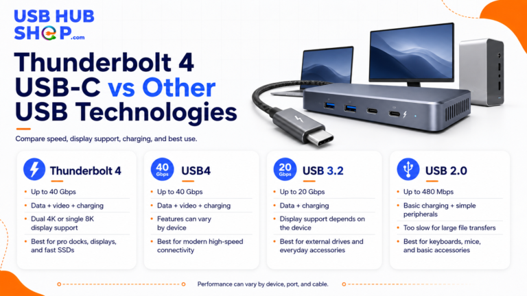 Thunderbolt 4 vs USB-C vs USB4 comparison showing different USB-C port technologies and connection types