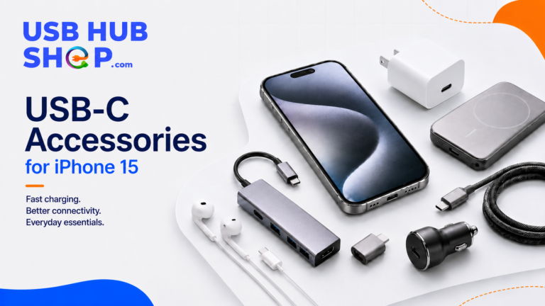 USB-C accessories for iPhone 15 including charger, cable, adapter, hub, and wireless charging options