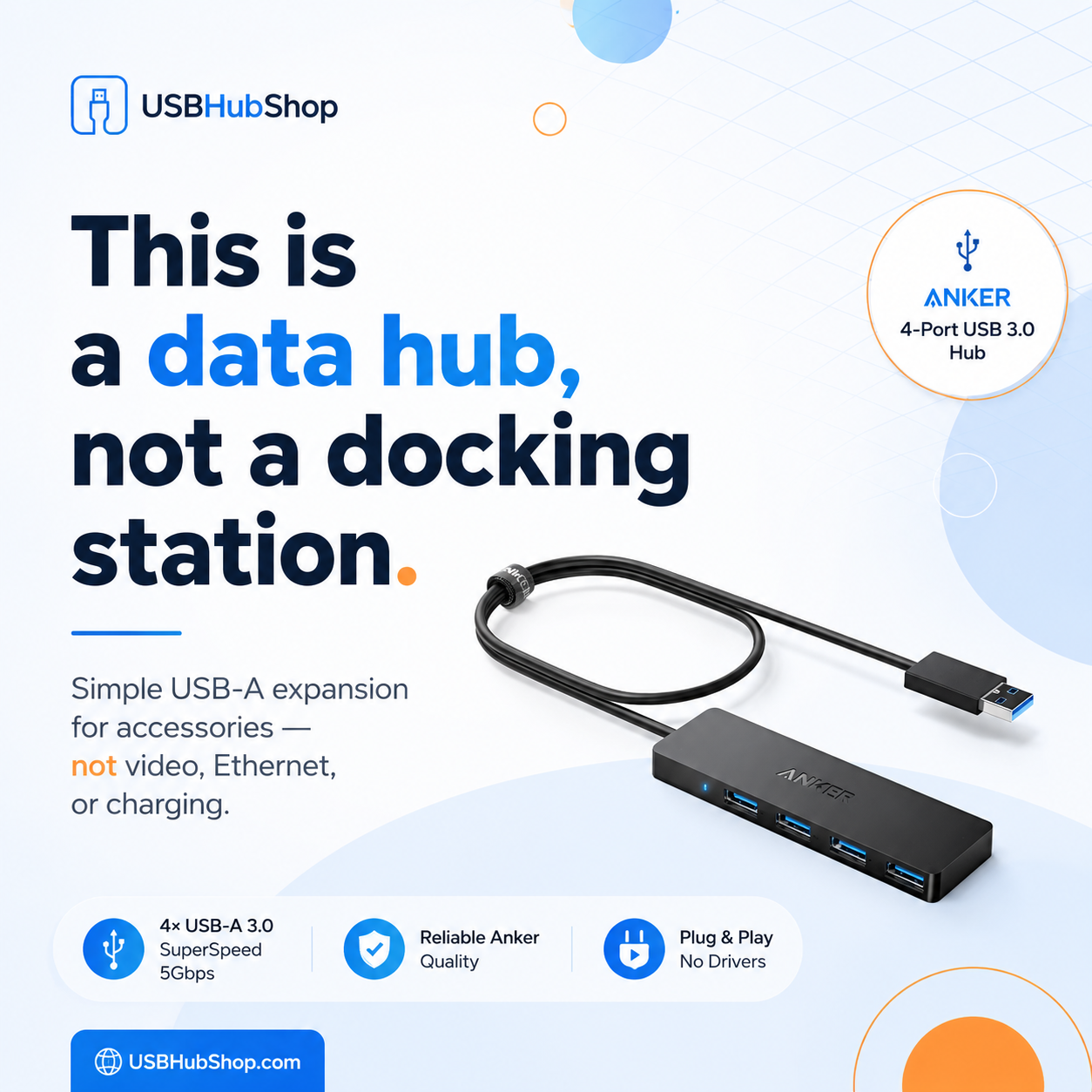 USBHubShop quote card saying this is a data hub, not a docking station.