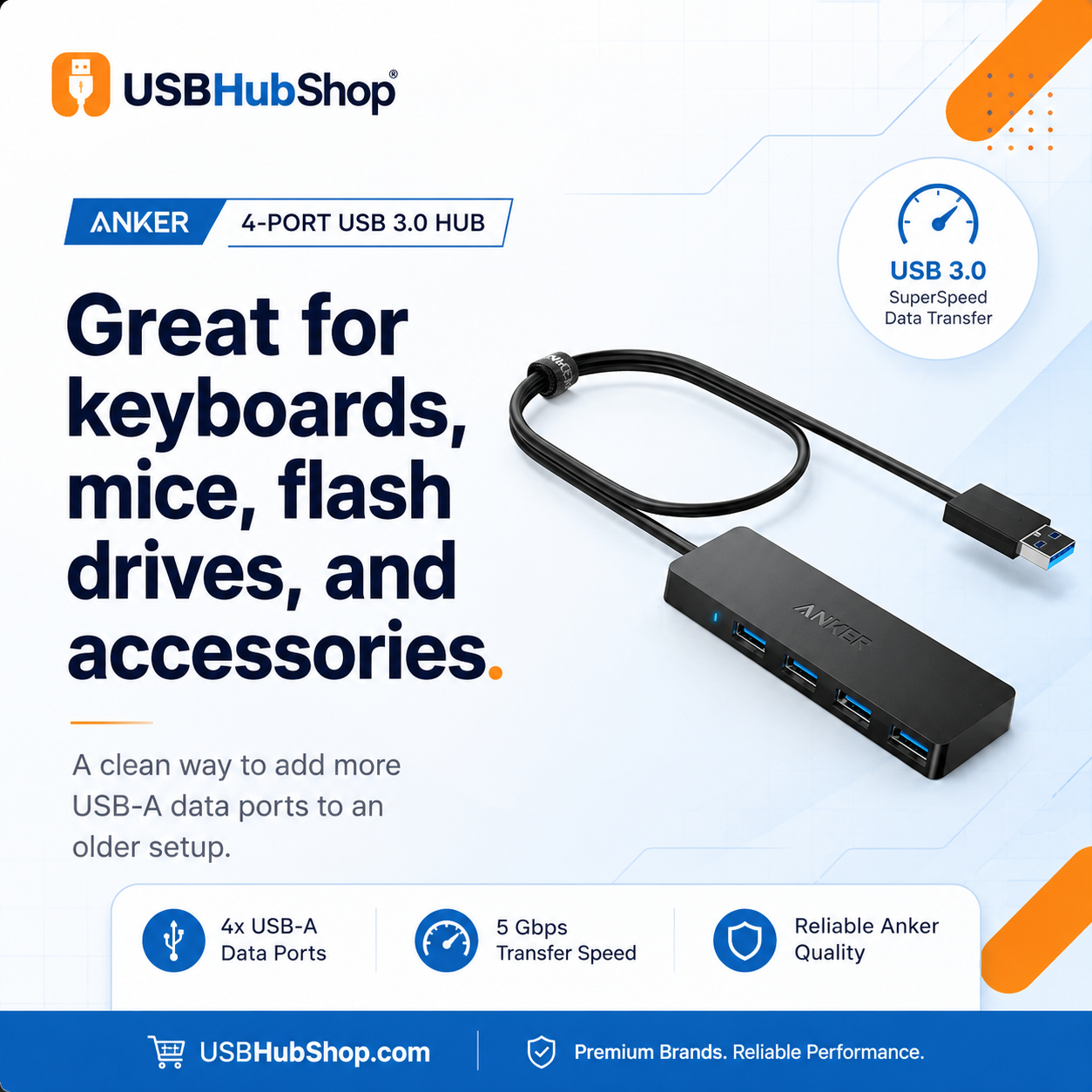 USBHubShop quote card saying the Anker 4-Port USB 3.0 Hub is great for keyboards, mice, flash drives, and accessories.
