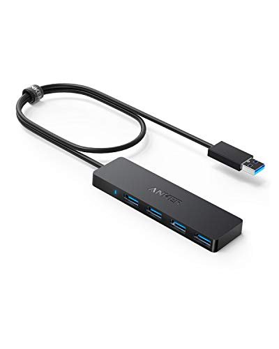 Anker 4-Port USB 3.0 Hub with slim black design, attached USB-A cable, and four blue USB-A data ports.