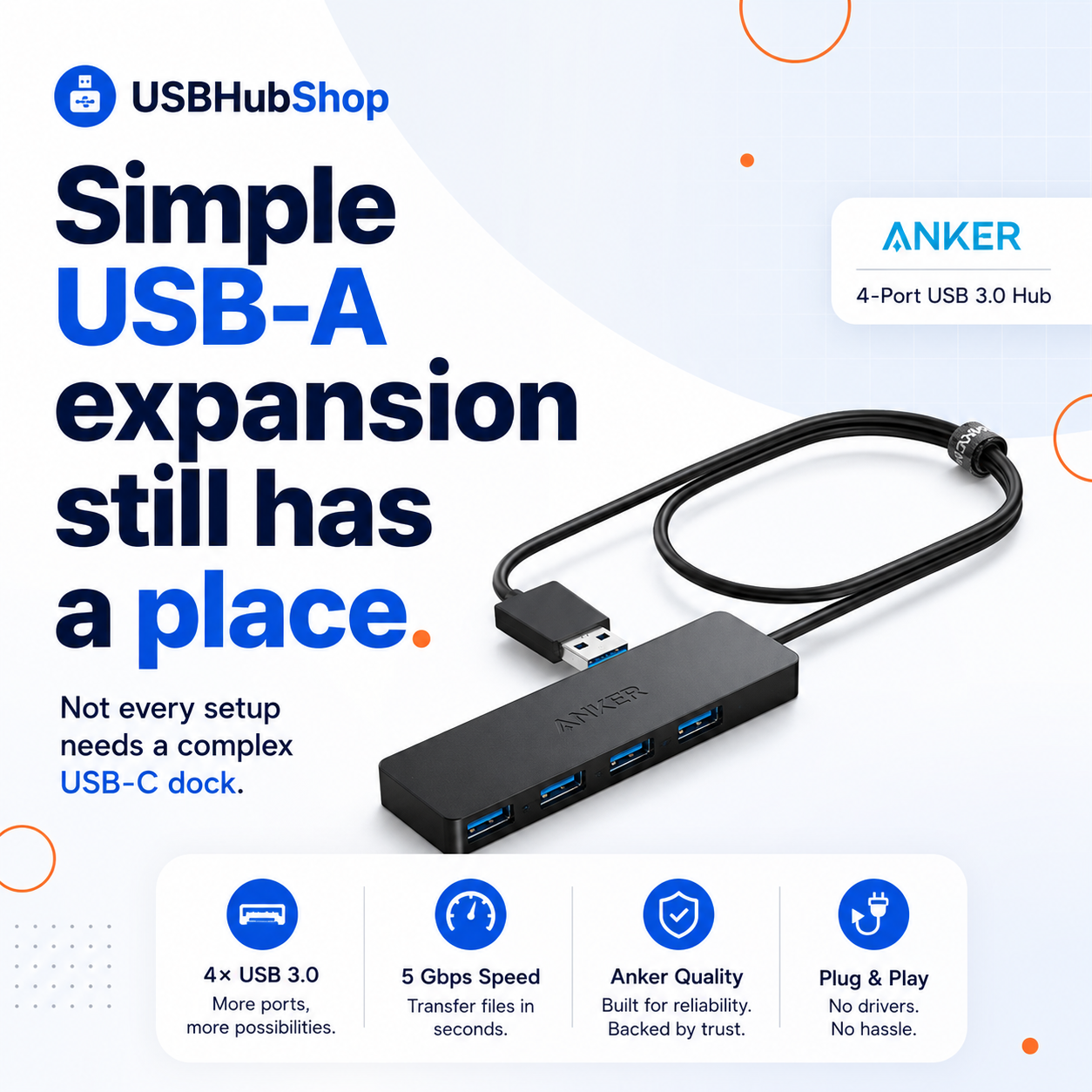 USBHubShop quote card saying simple USB-A expansion still has a place.