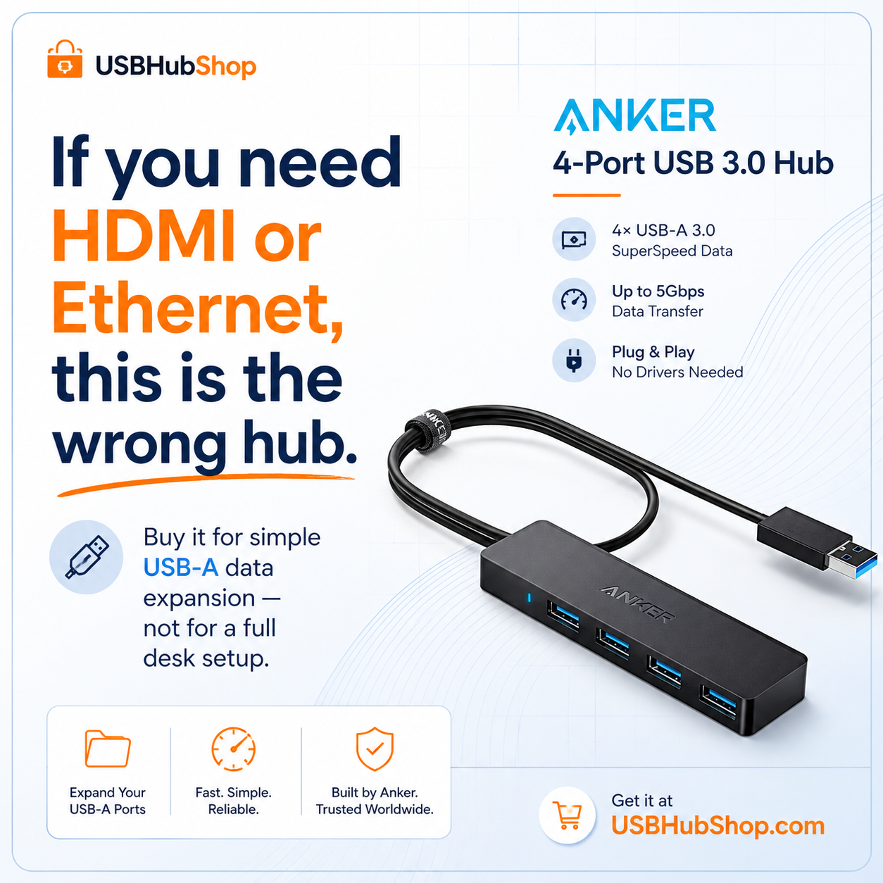 USBHubShop quote card saying if you need HDMI or Ethernet, this is the wrong hub.