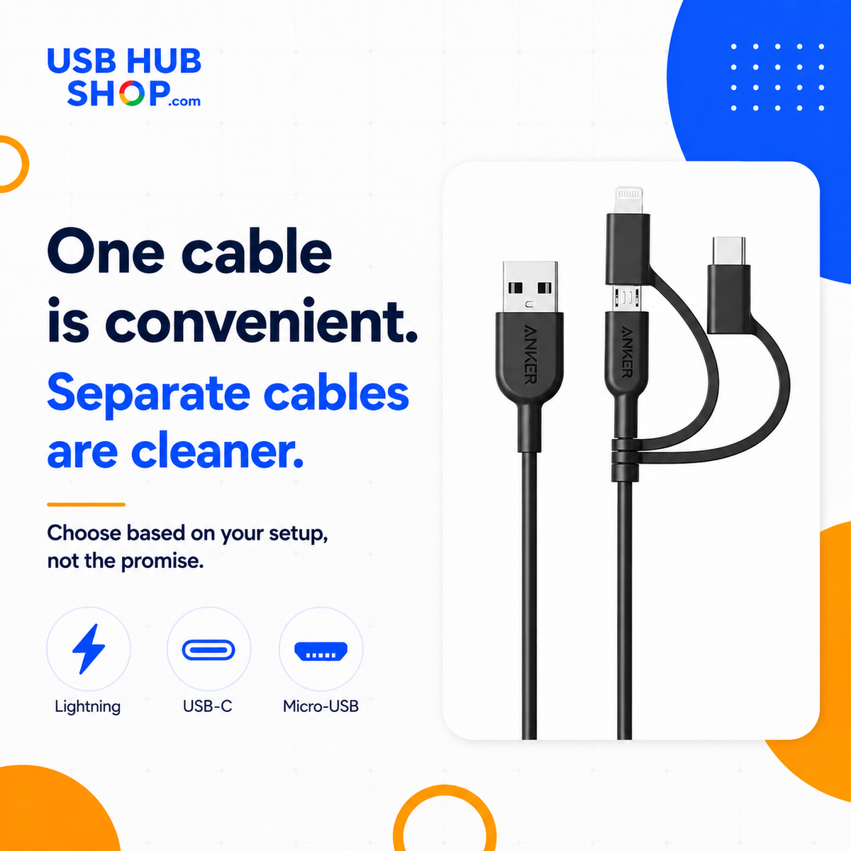 USBHubShop social card saying one cable is convenient but separate cables are cleaner.