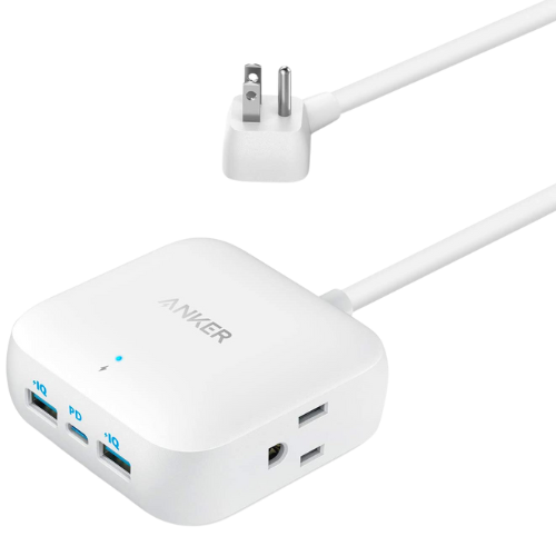 Anker PowerPort Strip PD 2 Mini compact USB-C power strip with two AC outlets, USB-C charging, USB-A ports, and 5 ft cord