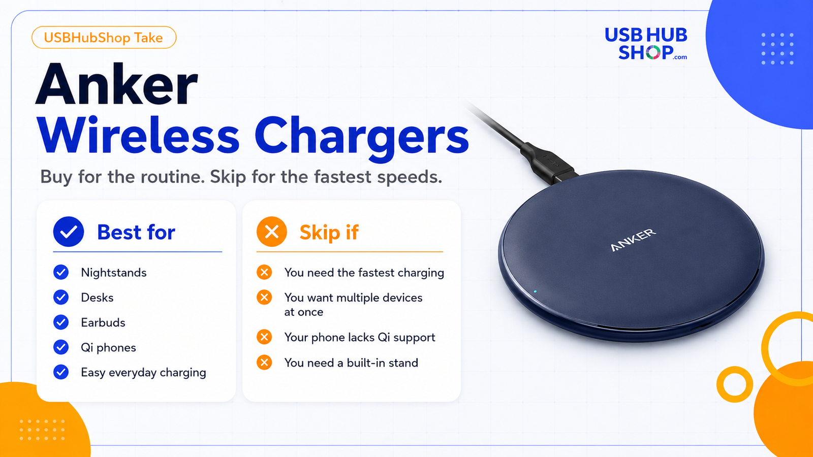 USBHubShop checklist showing who Anker wireless chargers are best for and who should skip them.