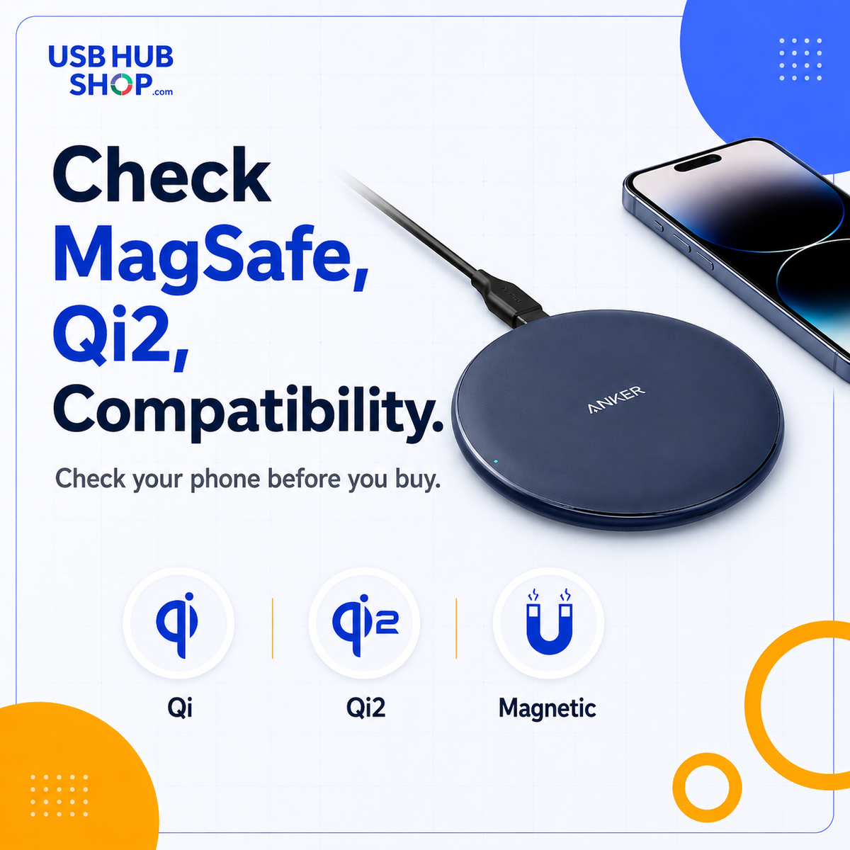 USBHubShop social card reminding buyers to check MagSafe Qi2 and wireless charging compatibility before buying.