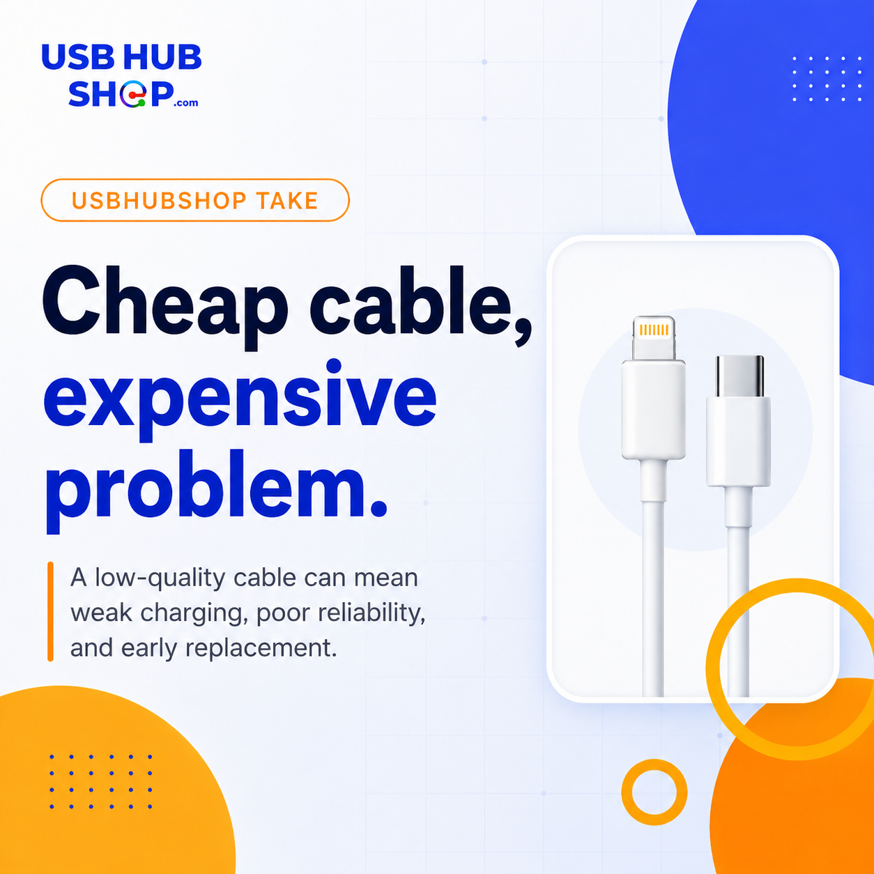 Cheap cable, expensive problem. Low-quality cables can cause weak charging and poor reliability.