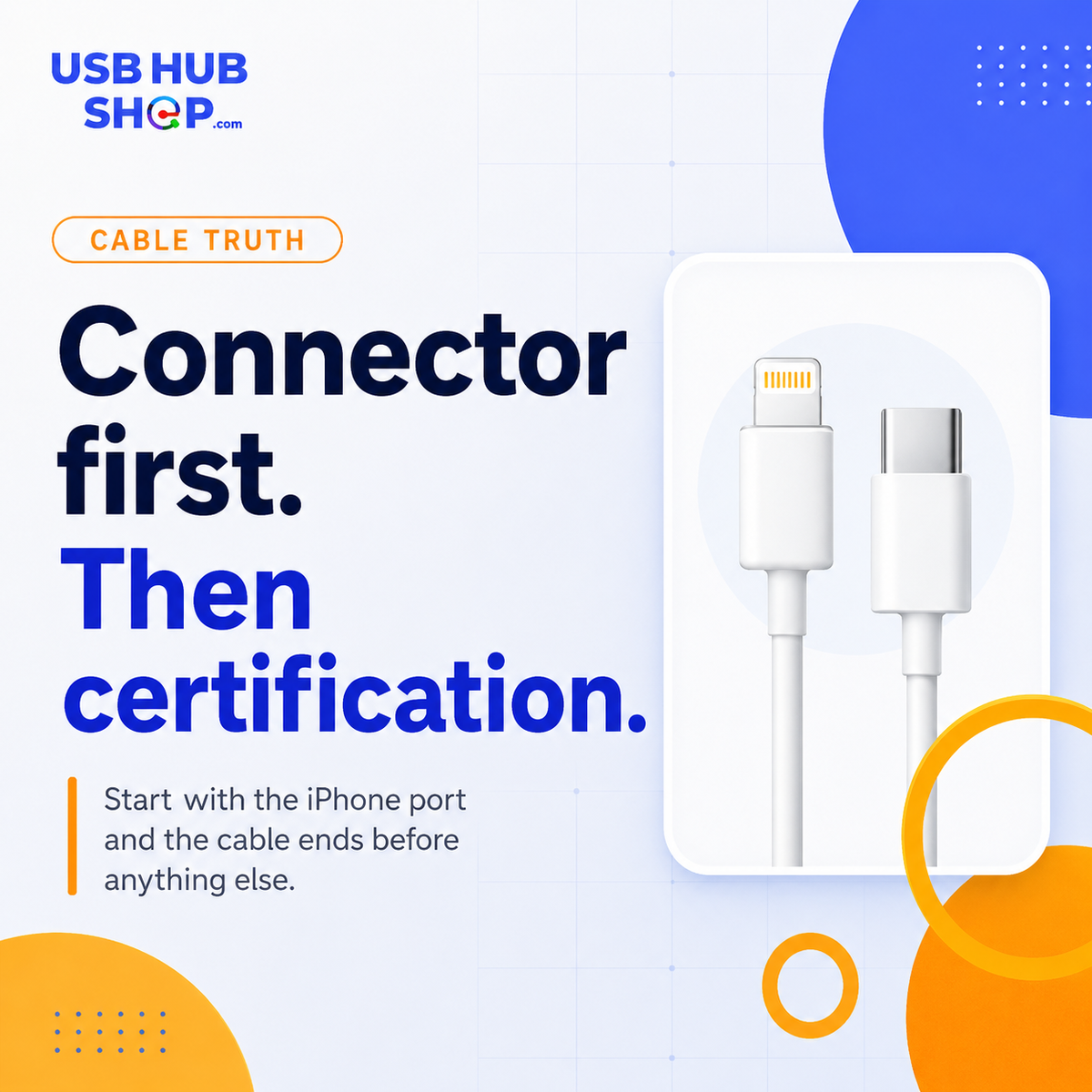 Connector first, then certification. Start with the iPhone port and cable ends.