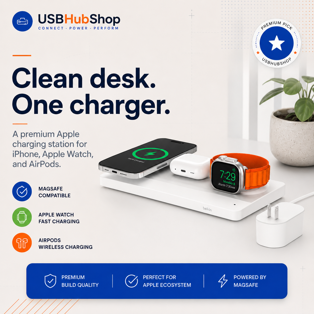 USBHubShop quote card saying clean desk one charger for a premium Apple charging station.