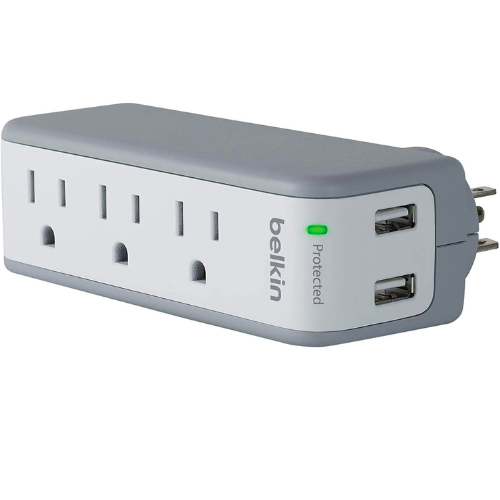 Belkin SurgePlus USB Swivel Charger wall-mount surge protector with three AC outlets, two USB charging ports, and rotating plug