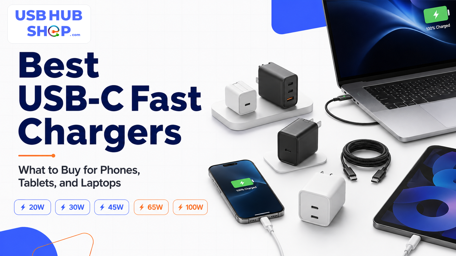 USB-C fast charger buying guide with charger blocks, USB-C cable, phone, tablet, and laptop