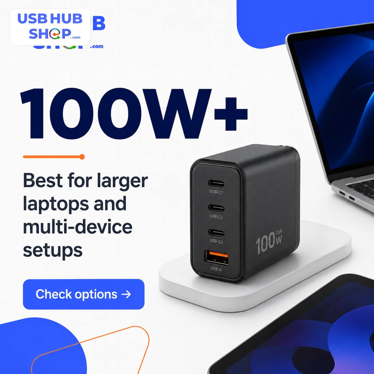 100W plus USB-C charger share card for larger laptops and multi-device setups