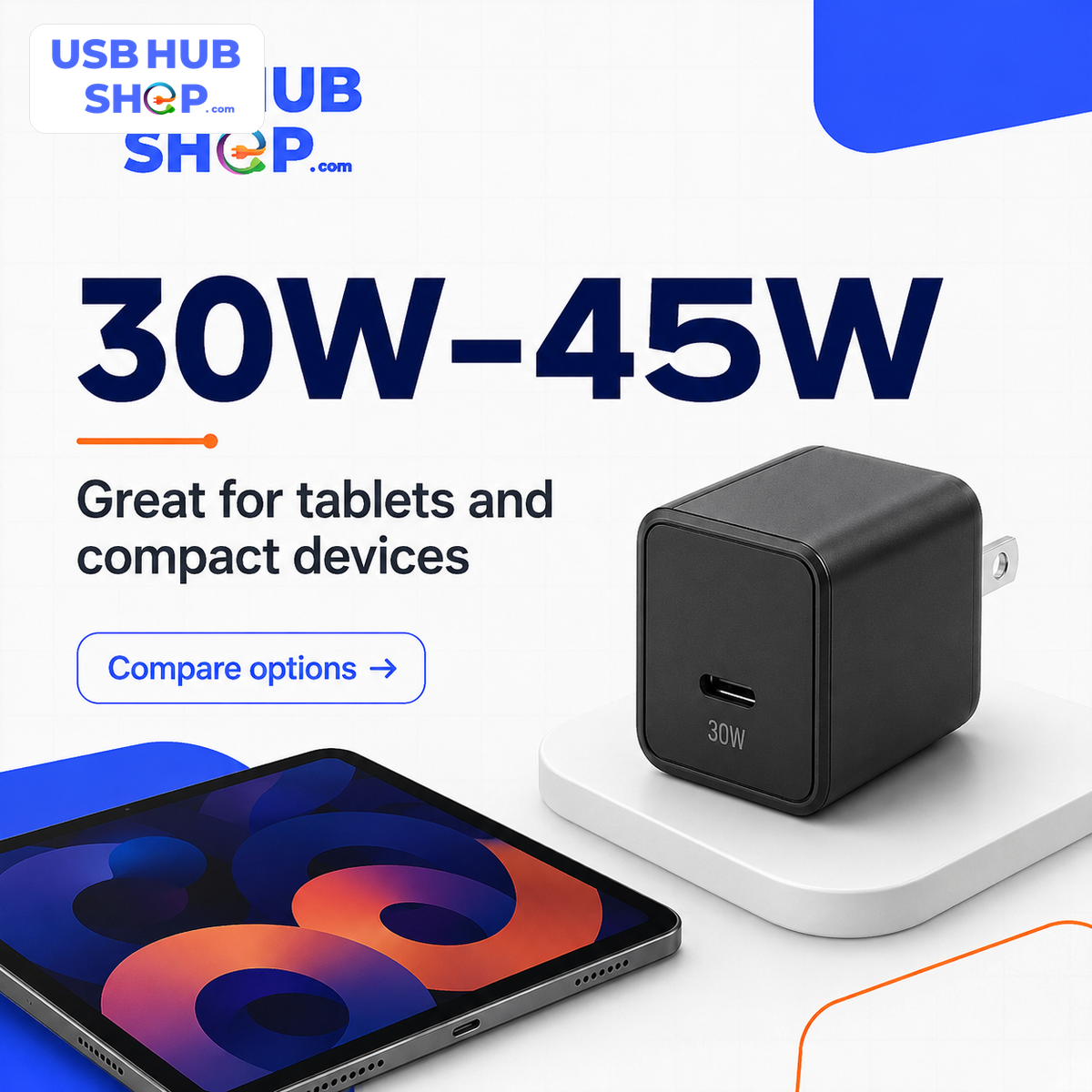 30W to 45W USB-C charger share card for tablets and compact devices
