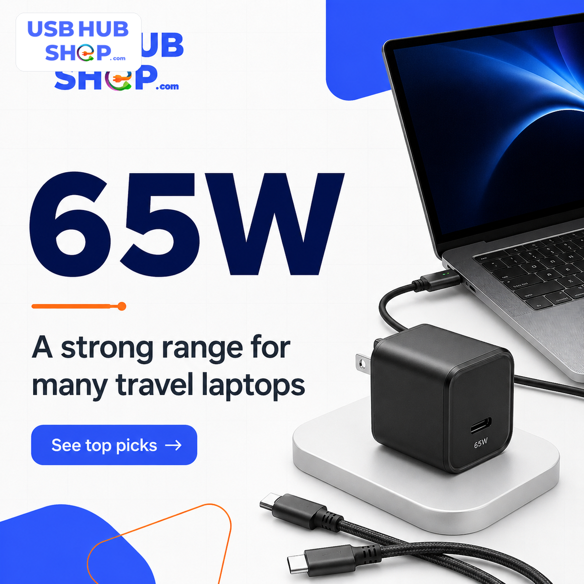 65W USB-C charger share card showing a laptop charger setup
