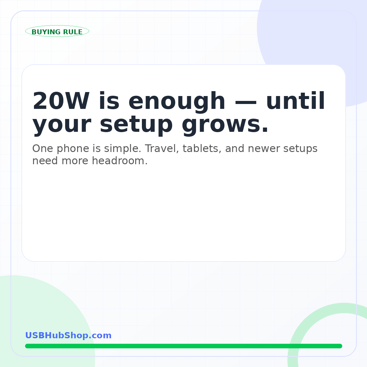 USBHubShop quote card saying 20W is enough until your charging setup grows.