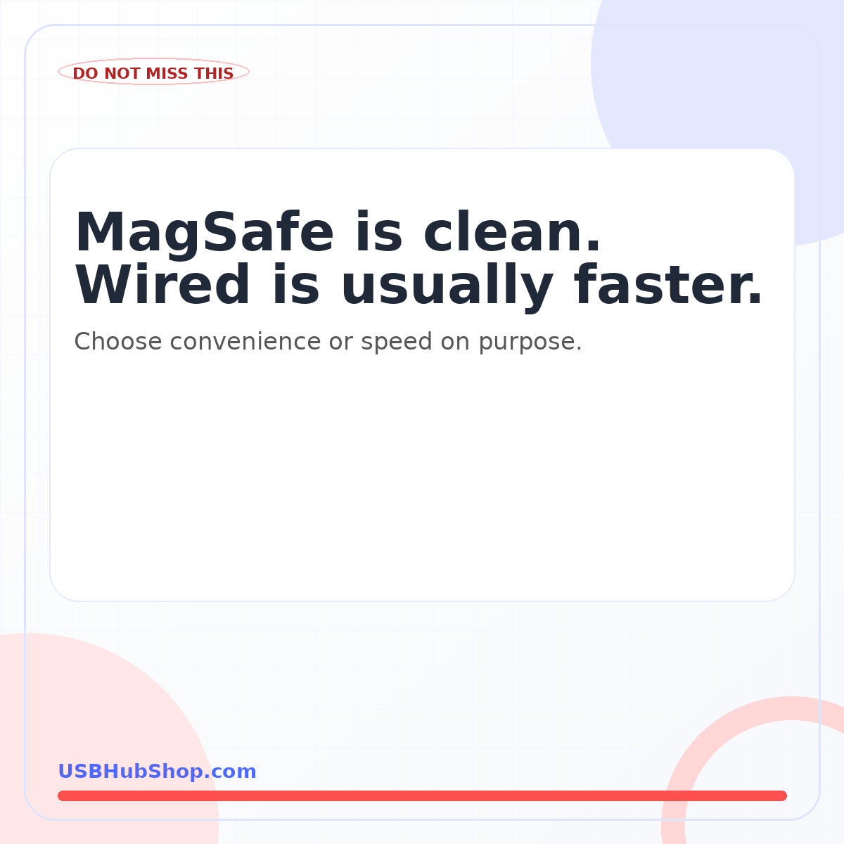 USBHubShop quote card saying MagSafe is clean but wired charging is usually faster.